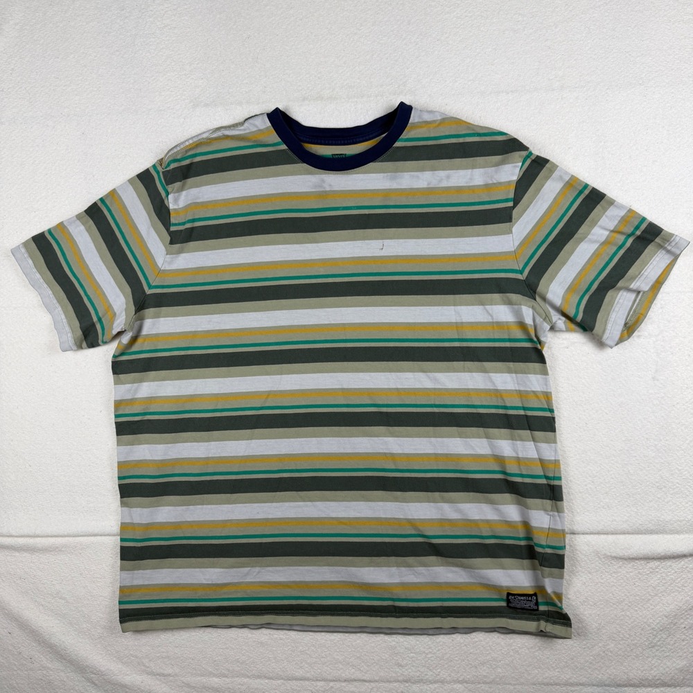 Levis Mens Oversized Striped T-Shirt Large Green Yellow White Cotton Crew Neck